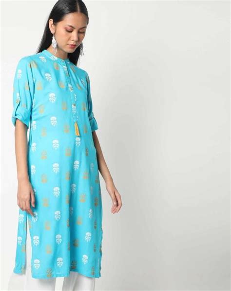 Floral Print Straight Kurta With Mandarin Collar Jiomart