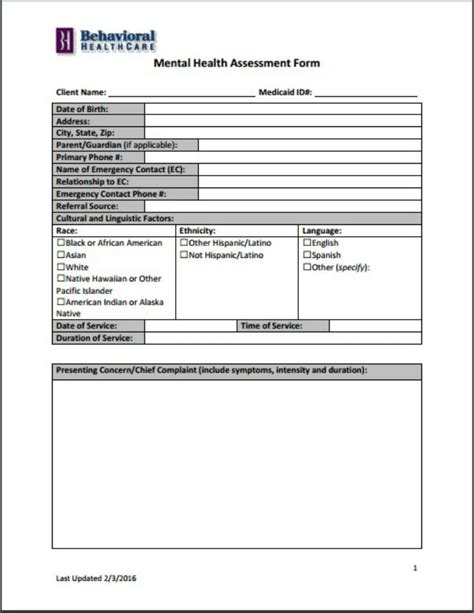 Printable Mental Health Intake Assessment Forms