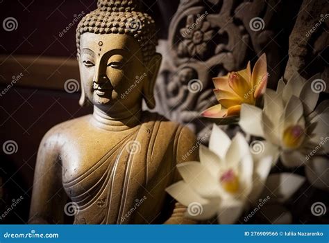 Buddha Statue Surrounded By Flowers AI Generated Stock Photo Image