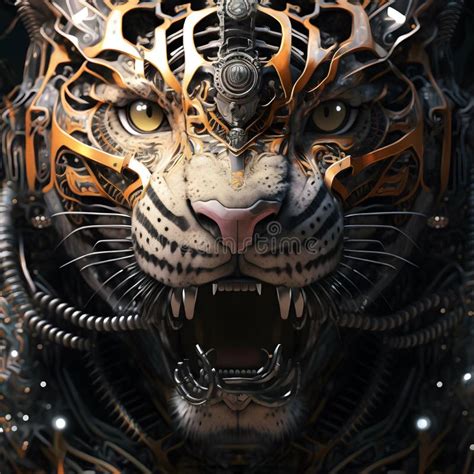 Cyborg Robot Tiger Lion Science Fiction Illustration Generated Ai