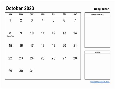 October 2023 Planner with Bangladesh Holidays