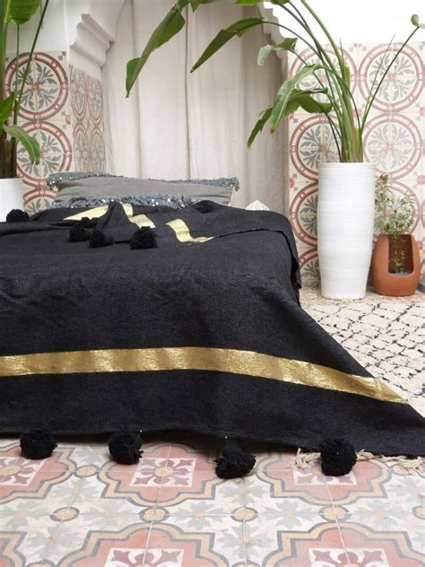 Black Moroccan Pom Pom Blankets With Tassels Throw Blankets Etsy