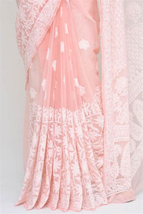 Peach Colour Hand Embroidered Lucknowi Chikankari Saree With Blouse