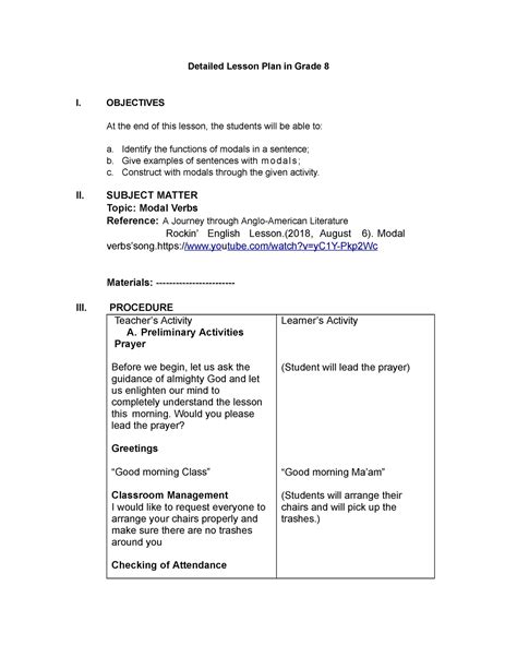 2modal Verbs None Detailed Lesson Plan In Grade 8 I Objectives At