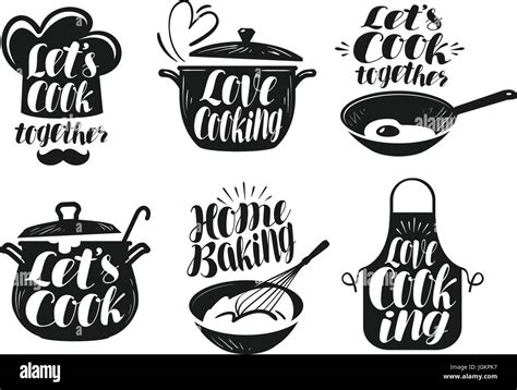 Cooking Cookery Cuisine Label Set Cook Chef Kitchen Utensils Stock