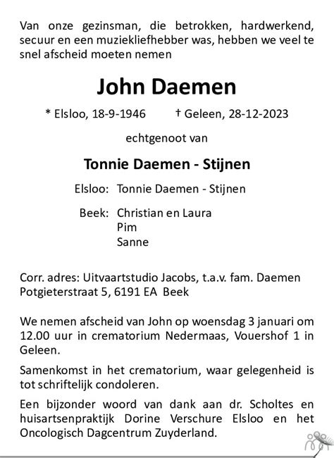 John Daemen 28 12 2023 Overlijdensbericht En Condoleances Mensenlinq Nl