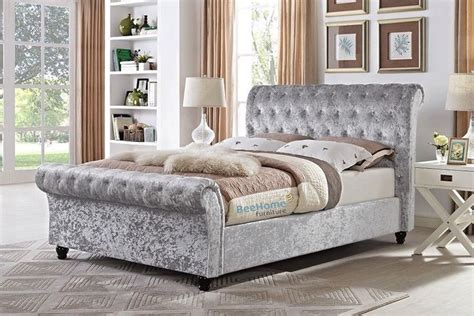 Crushed Velvet Upholstered Chesterfield Sleigh Bed Frame Double Ft