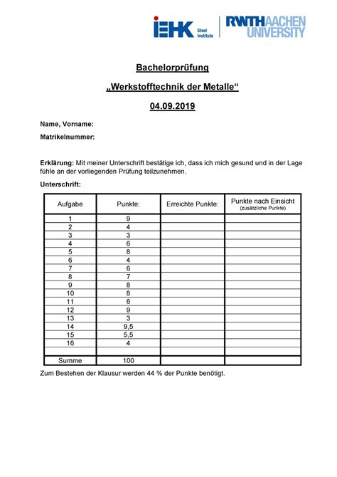 Werkstoffechnik Metalle Termin A Bachelorpr Fung