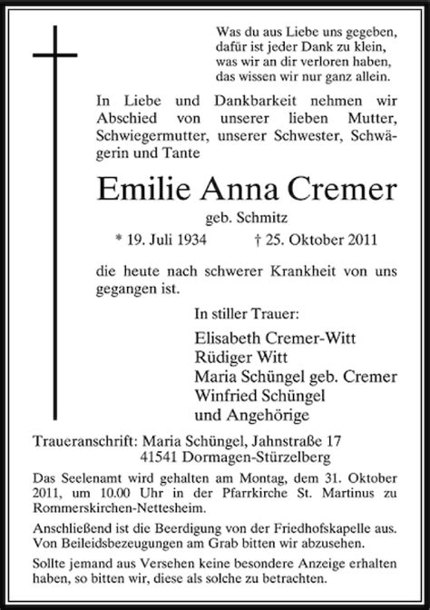 Alle Traueranzeigen für Emilie Anna Cremer trauer rp online de