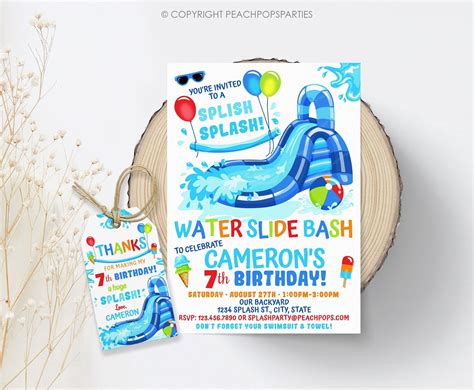 Editable Water Slide Birthday Party Invitation Blue Waterslide Pool