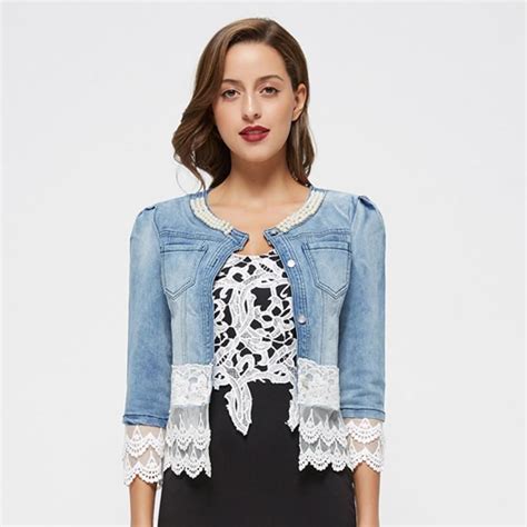 Women Denim Jacket With Cute Lace Trimmings 34 Sleeve Outerwear