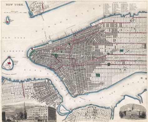 Vintage Detailed Downtown New York City Map 1840 Brooklyn Streets