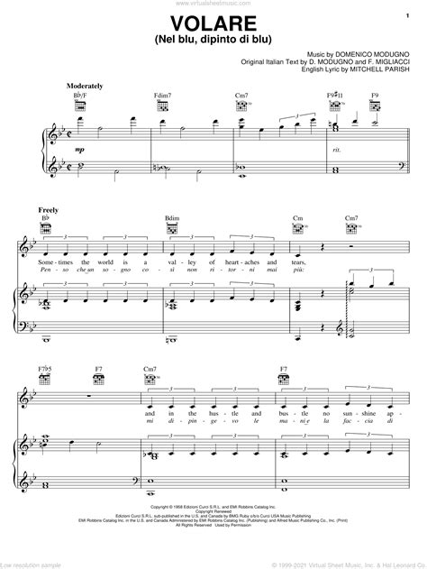 Martin Volare Nel Blu Dipinto Di Blu Sheet Music For Voice Piano