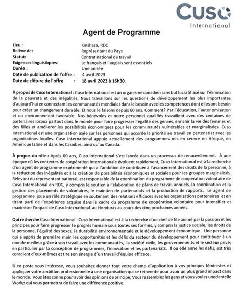 Mediacongo Net Offre D Emploi Agent De Programme