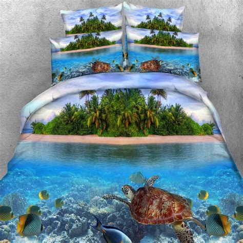 Green Blue And Brown Tropical Hawaiian Style Island And Sea Turtle