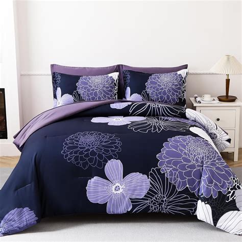 Purple Comforter Set Queen Size Floral Pattern Comforter 7 Pieces Bed