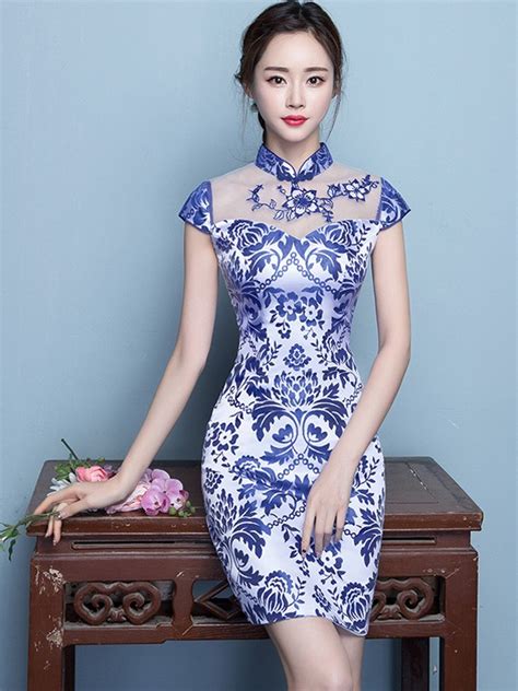 Short Qipao Cheongsam Dress In Blue And White Floral Print CozyLadyWear