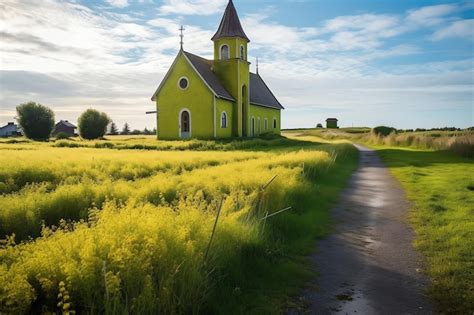 Premium Ai Image A Green Church In A Field Of Yellow Flowers