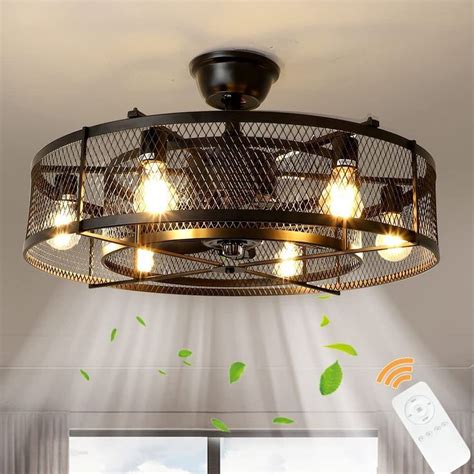 4 light matte black industrial cage ceiling fan with remote control ...