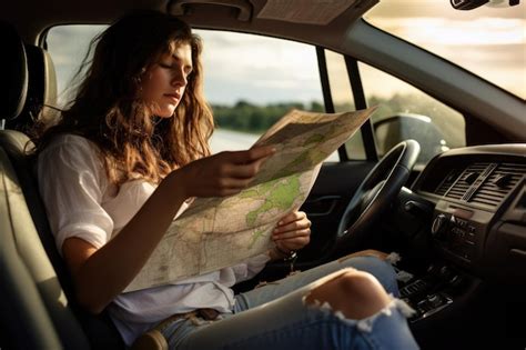 Mujer que viaja sola sentada en un automóvil con un mapa generado por