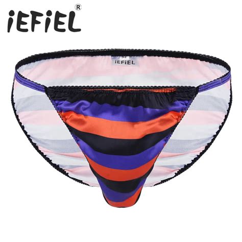 Iefiel Newest Mens Lingerie Briefs Soft Shiny Satin Colorful Stripes Pattern Lace Trim High Cut