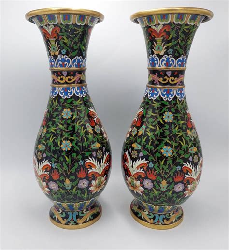 Vintage Chinese Cloisonne Brass Enamel Pair Bottle Vases Stunning Etsy