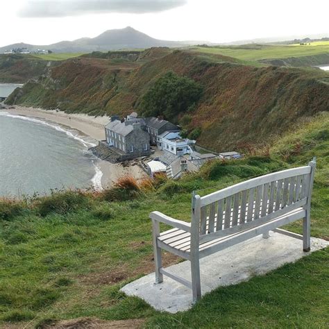 A White Bench Sitting On Top Of A Lush Green Hillside Next To The Ocean