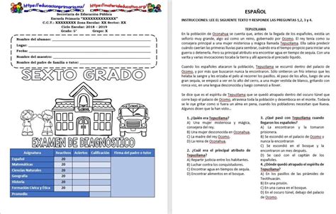 Examen De Diagnóstico Del Sexto Grado Para El Ciclo Escolar 2018 2019 Educación Primaria