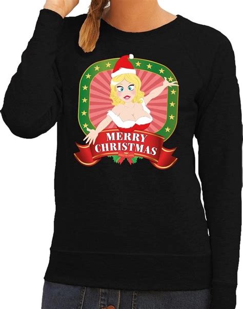 Foute Kersttrui Sweater Sexy Kerstvrouw Zwart Merry Christmas