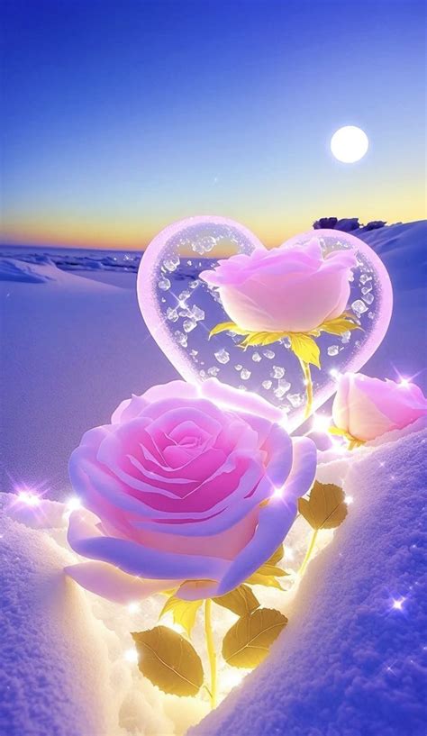 Two Pink Roses In The Snow With A Heart Shaped Light Up Frame Around Them