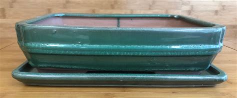 10 Inch Green Rectangle Bonsai Pot With Saucer Greenwood Bonsai Studio