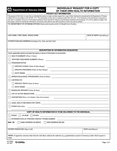 Va Form 10 5345a Individuals Request For A Copy Of Their Own Health