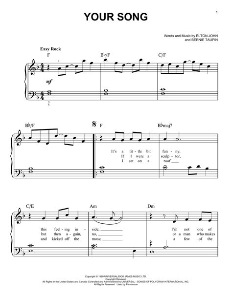 Your Song Von Elton John Noten Zum Klavier Sehr Leicht Bei Sheet Music