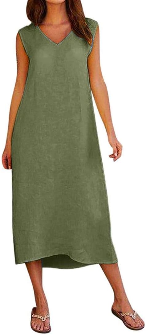 Yebiral Damen Sommerkleid V Ausschnitt Rmellos Leinenkleid Beil Ufige