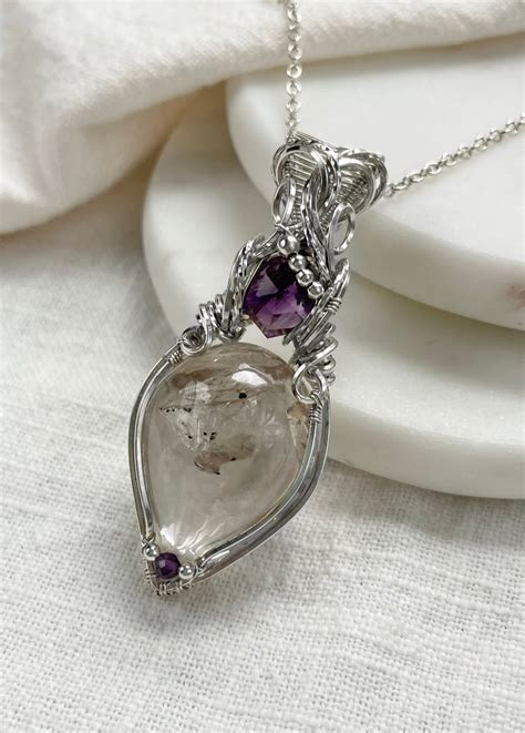 Rare Enhydro Quartz, Amethyst Necklace in 0.925 Sterling Silver ...