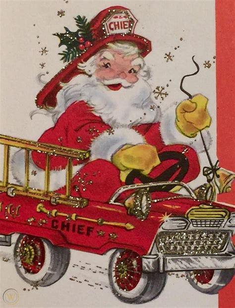 Vintage Christmas Card Santa Claus Fireman Helmet Hat Fire Fighter