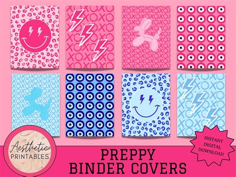 the preppy binder covers are available in pink, blue and white colors with different designs