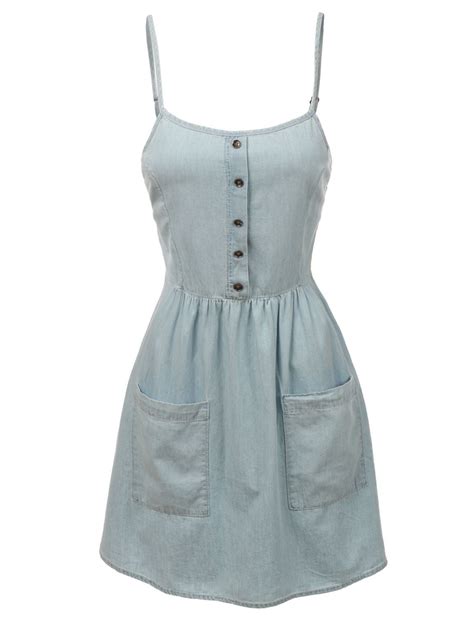 Le3no Womens Chambray Denim Sleeveless Dress With Pockets Denim