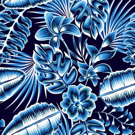 Blue Monochromatic Style Color Tropical Seamless Pattern Fashionable Texture With Jasmine Flower