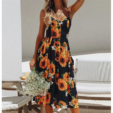 2018 Casual Sunflowers Print Spaghetti Strap Fit Women Dress Sleeveless