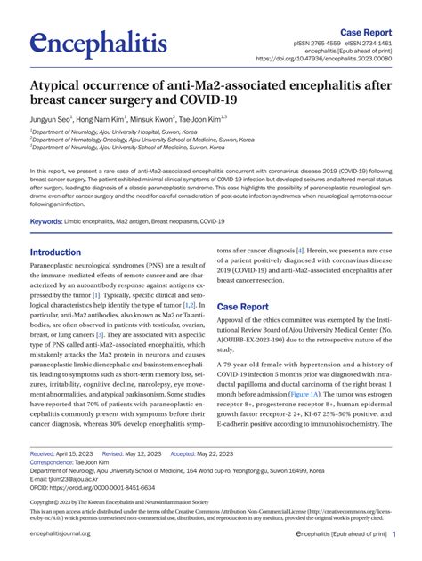 Pdf Atypical Occurrence Of Anti Ma2 Associated Encephalitis After Breast Cancer Surgery And