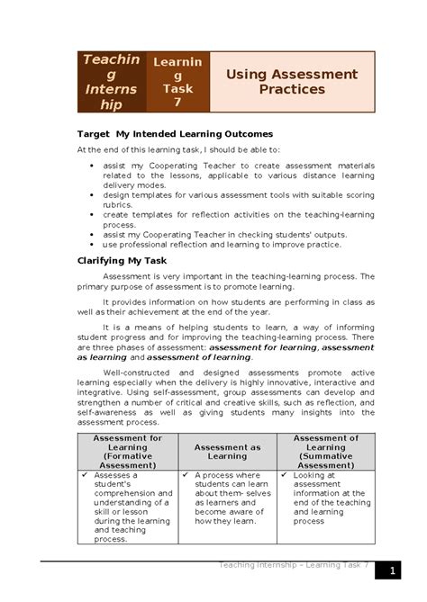 Learning Task 7 Using Assessment Practices Teaching Internship