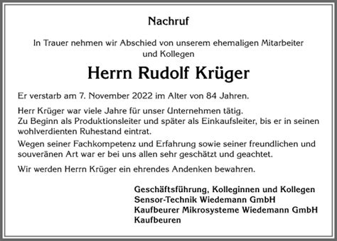 Traueranzeigen von Rudolf Krüger Allgäuer Zeitung