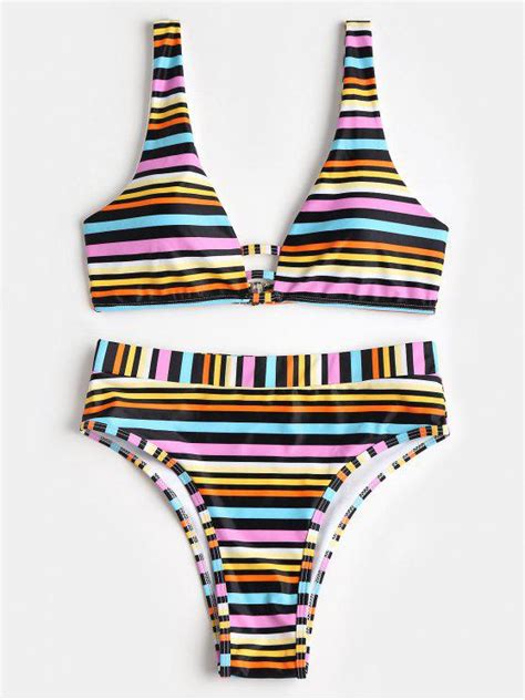 33 OFF 2019 Rainbow Stripe Padded High Cut Bikini Set In WHITE ZAFUL