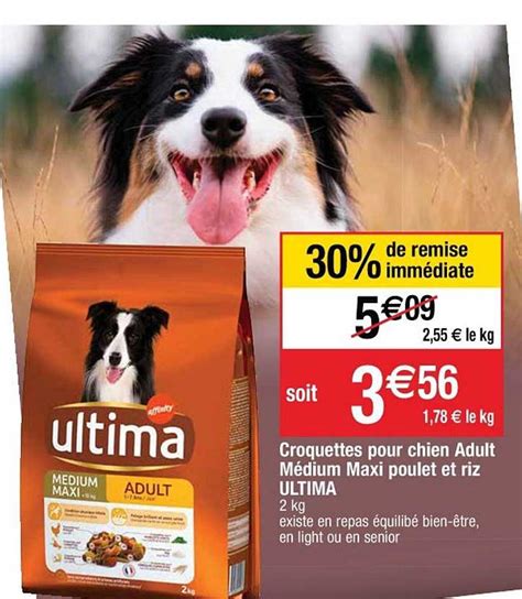 Offre Croquettes Pour Chien Adult Médium Maxi Poulet Et Riz Ultma chez Cora