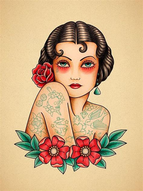 How To Draw A Vintage Pin Up Portrait Tattoo Illustration Images And