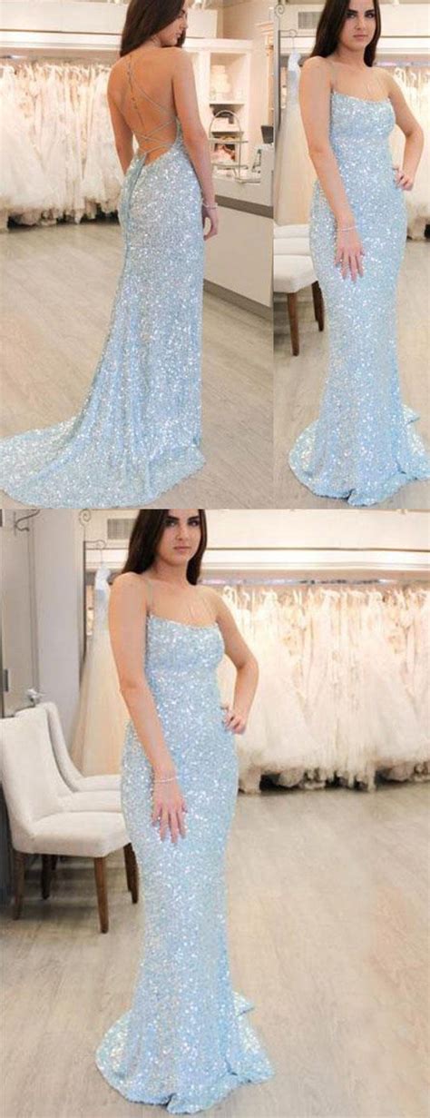 Pale Blue Sequin Spaghetti Strap Mermaid Backless Prom Dresses Pb1079