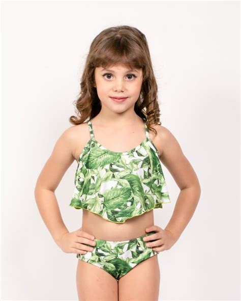 Conjunto de Biquíni Infantil Cropped Babado Folhagem Citrus