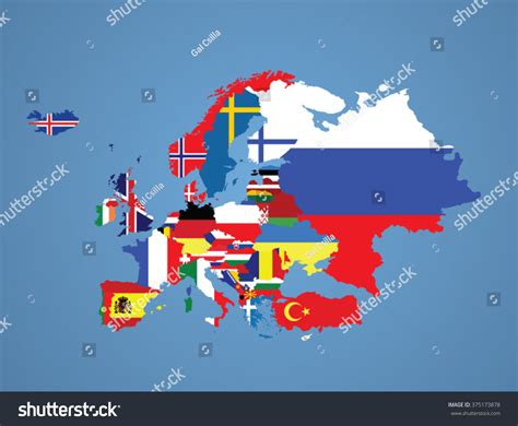 Detailed Map Europe All Countries Flags Stock Vector (Royalty Free) 375173878 | Shutterstock