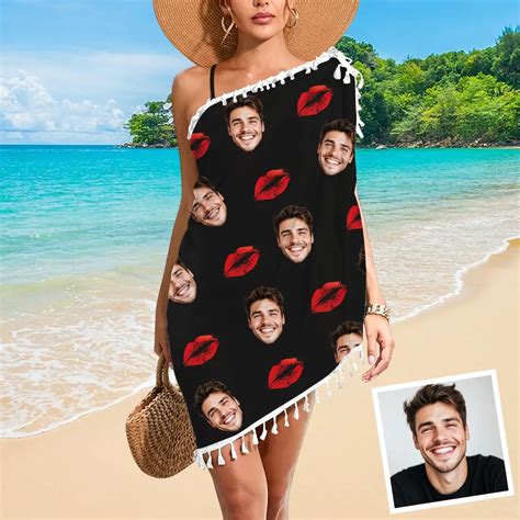 Custom Face Fringe Swimswear Wrap Red Heart Bikini Swimsuit Tassels Cover Ups Skirt X